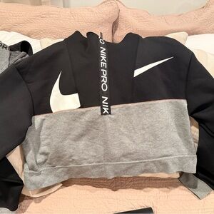 Nike Black and Gray Cropped Hoodie with White Swoosh